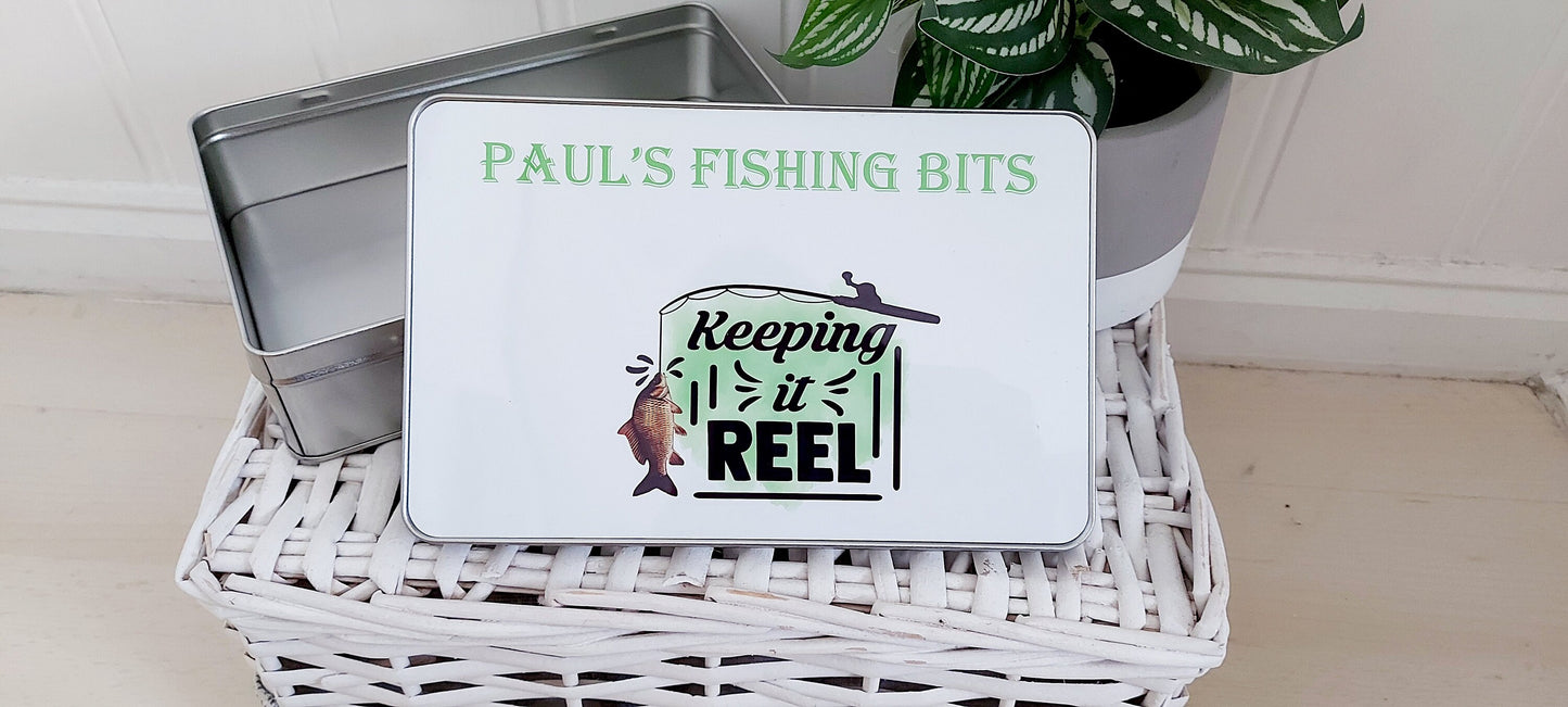 Personalised fishing bits tin, fishing storage tin, tackle tin, keeping it reel, fishing tin