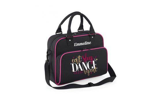 Personalised Eat Sleep Dance Repeat dance ballet bag - black with hot pink trum