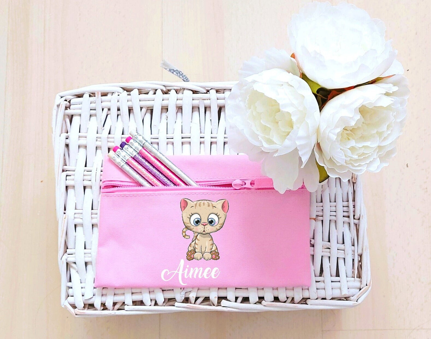 Personalised pink kitten pencil case, child's pencil case, cat pencil case, personalised pencil case