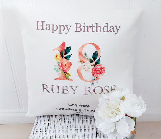 Personalised 18th Birthday cushion, 18th Birthday gift, rose gold, floral number cushion, gift for a teenager