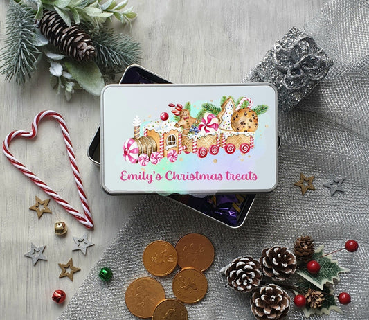 Personalised Christmas sweet tin, treat tin, sweets, Christmas sweet train storage tin - any wording