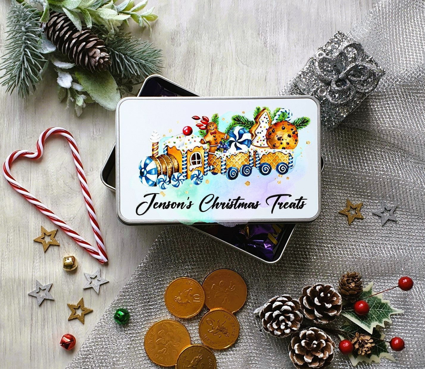 Personalised Christmas sweet tin, treat tin, sweets, Christmas sweet train storage tin - any wording