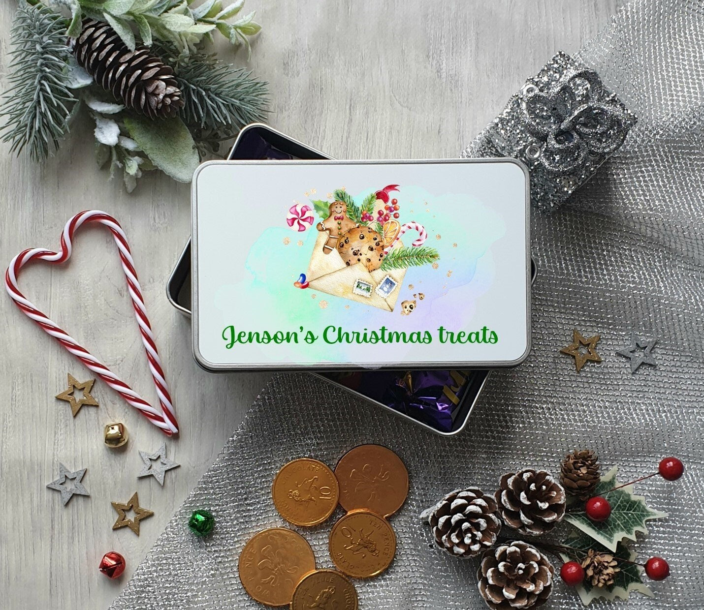 Personalised Christmas sweet tin, treat tin, sweets, Christmas cookies biscuit tin - any wording