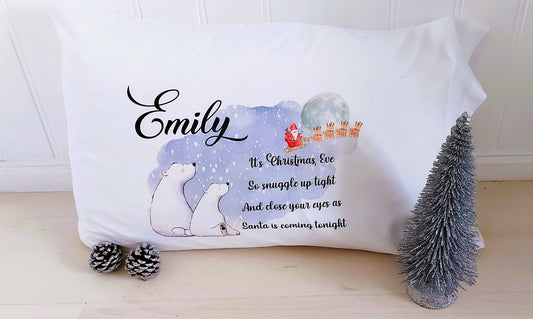 Personalised Christmas Eve pillowcase, Polar bear bedding, Christmas polar bear pillow