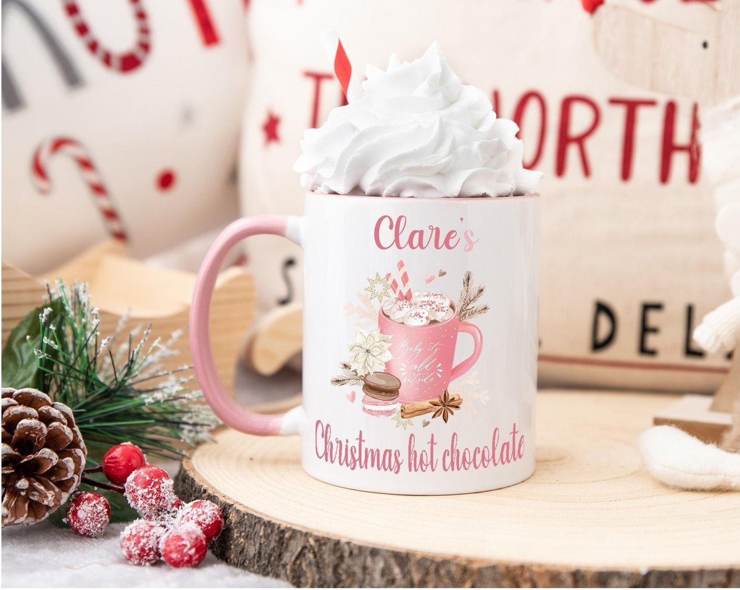 Personalised pink Christmas hot chocolate mug, Personalised Christmas mug, Christmas hot chocolate