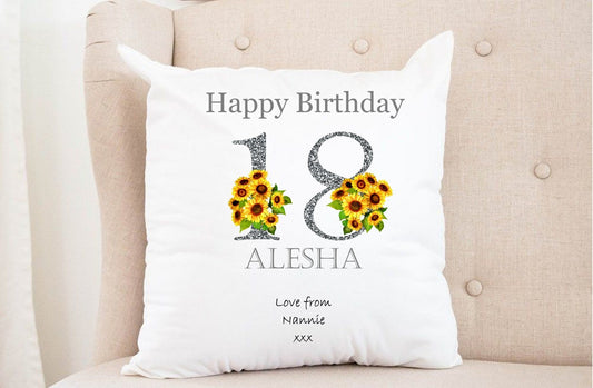 Personalised 18th Birthday cushion, 18th Birthday gift, silver, sunflower number cushion, gift for a teenager