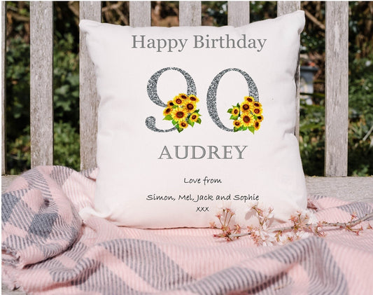 Personalised 90th Birthday cushion, 90th Birthday gift, sunflower cushion, gift for Nan