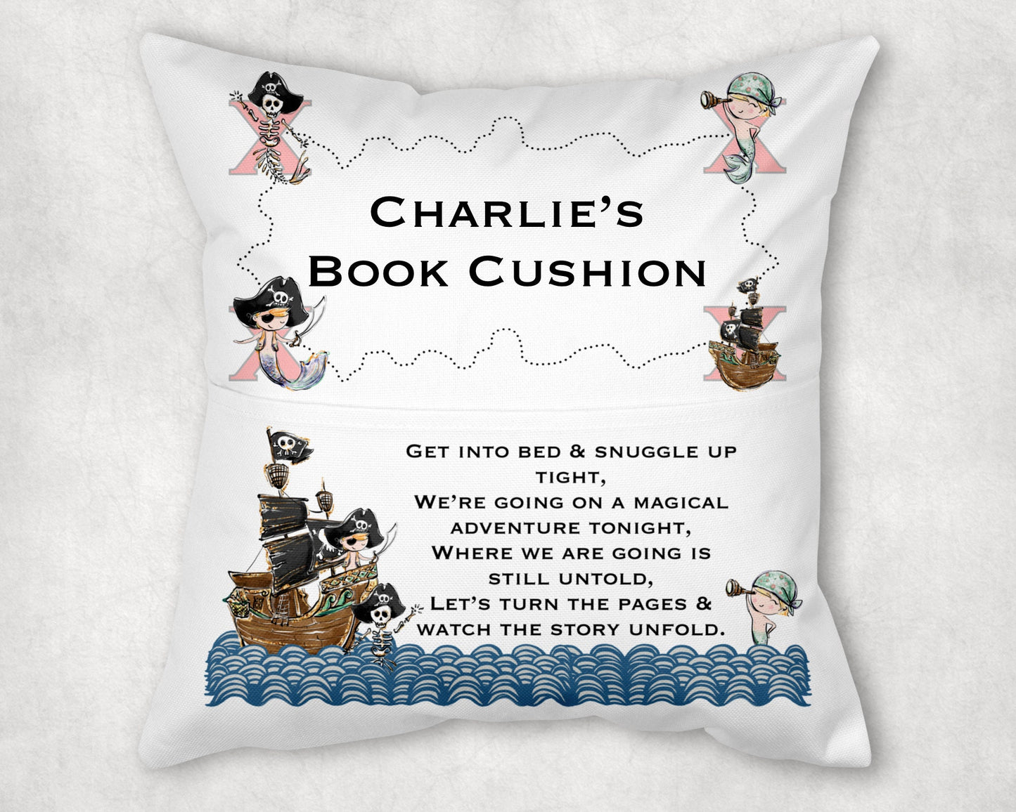 Personalised Pirate reading cushion, book gift, pocket cushion, boy's bedroom decor, pirate theme, cushion for a boy