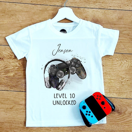 Boy's Gamer birthday t-shirt, Level unlocked, PS style controller design, boy's birthday tshirt