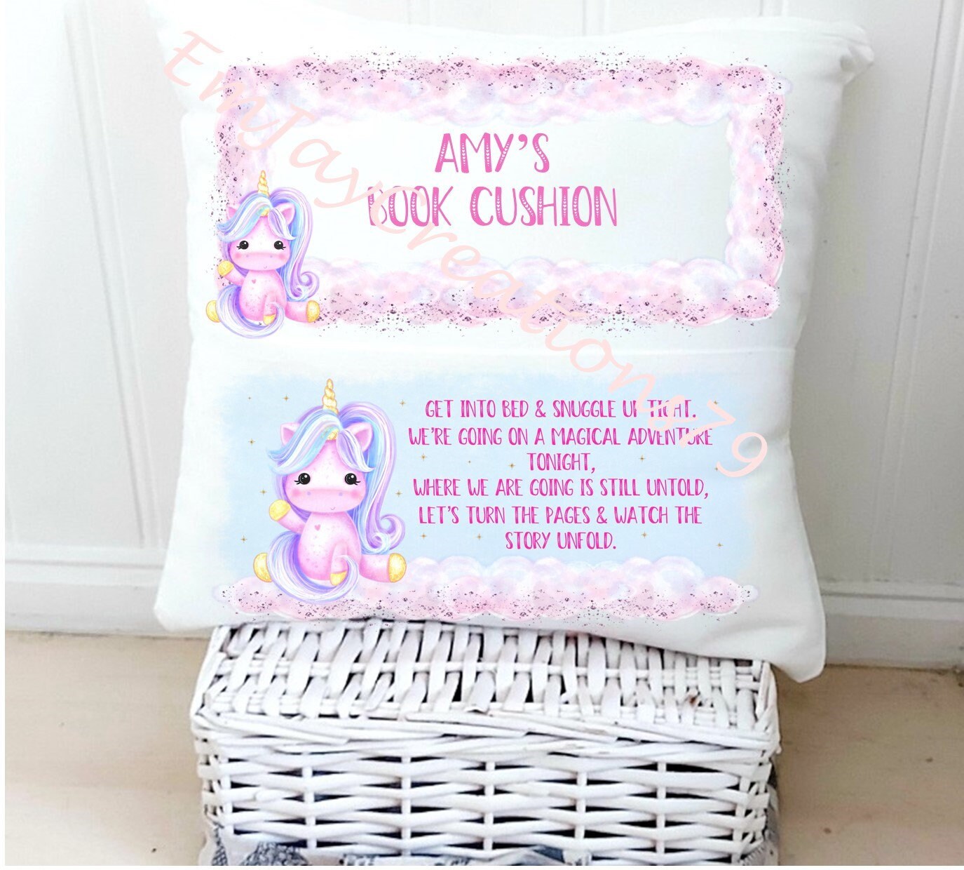 Personalised Unicorn reading cushion, book gift, pocket cushion, girl's bedroom decor, unicorn theme, cushion for a girl