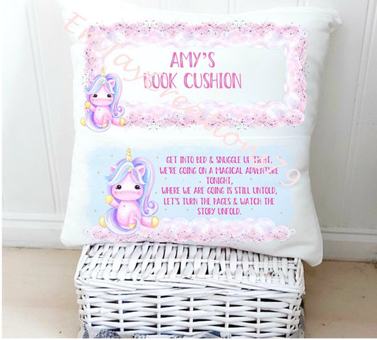 Personalised Unicorn reading cushion, book gift, pocket cushion, girl's bedroom decor, unicorn theme, cushion for a girl