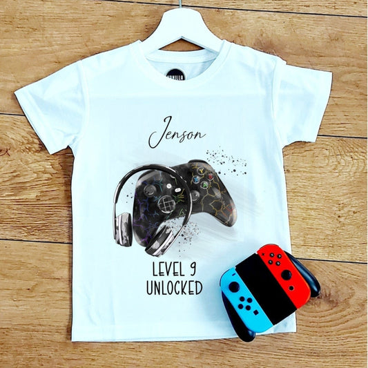 Boy's Gamer birthday t-shirt, Level unlocked, Xbox style controller design, boy's birthday tshirt