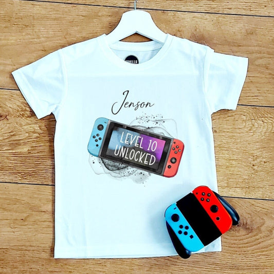 Boy's Gamer birthday t-shirt, Level unlocked, Switch style controller design, boy's birthday tshirt