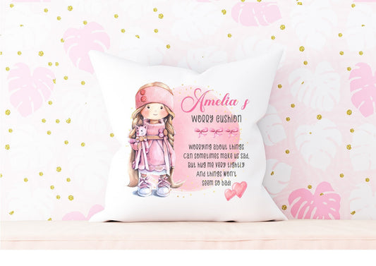 Personalised girl's worry cushion, comforter, comfort cushion, girl doll worry cushion, personalised hug cushion