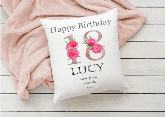 Personalised 18th Birthday cushion, 18th Birthday gift, rose gold, peony number cushion, gift for a teenager