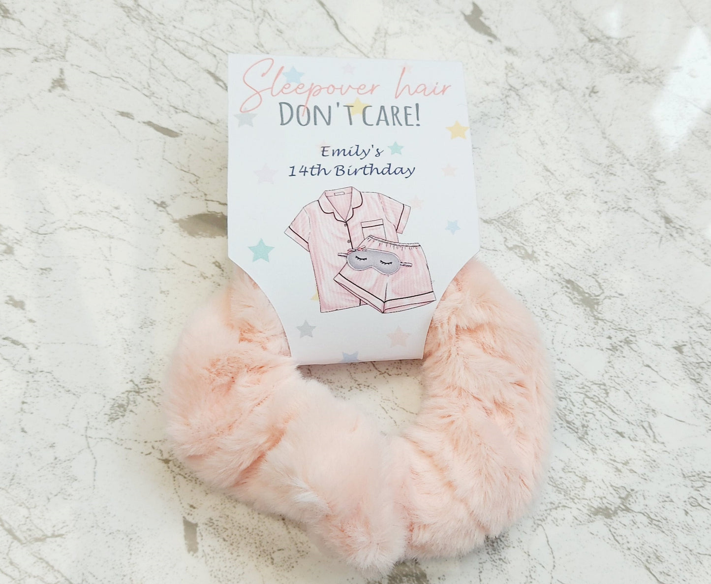 Personalised Sleepover Hair Don’t Care plush scrunchie, girls party bag, girl's sleepover favour, sleepover gift bag, hair accessories