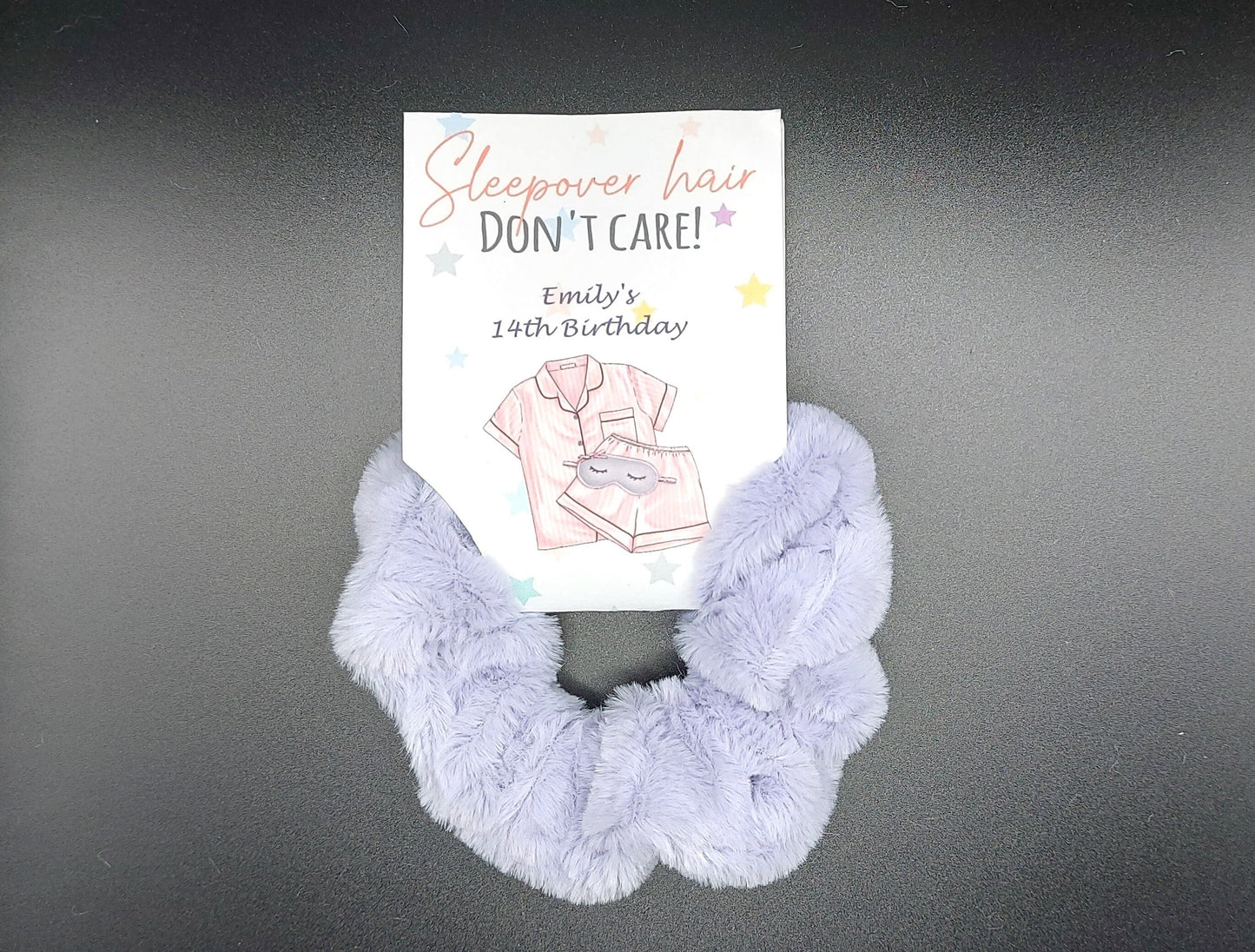 Personalised Sleepover Hair Don’t Care plush scrunchie, girls party bag, girl's sleepover favour, sleepover gift bag, hair accessories