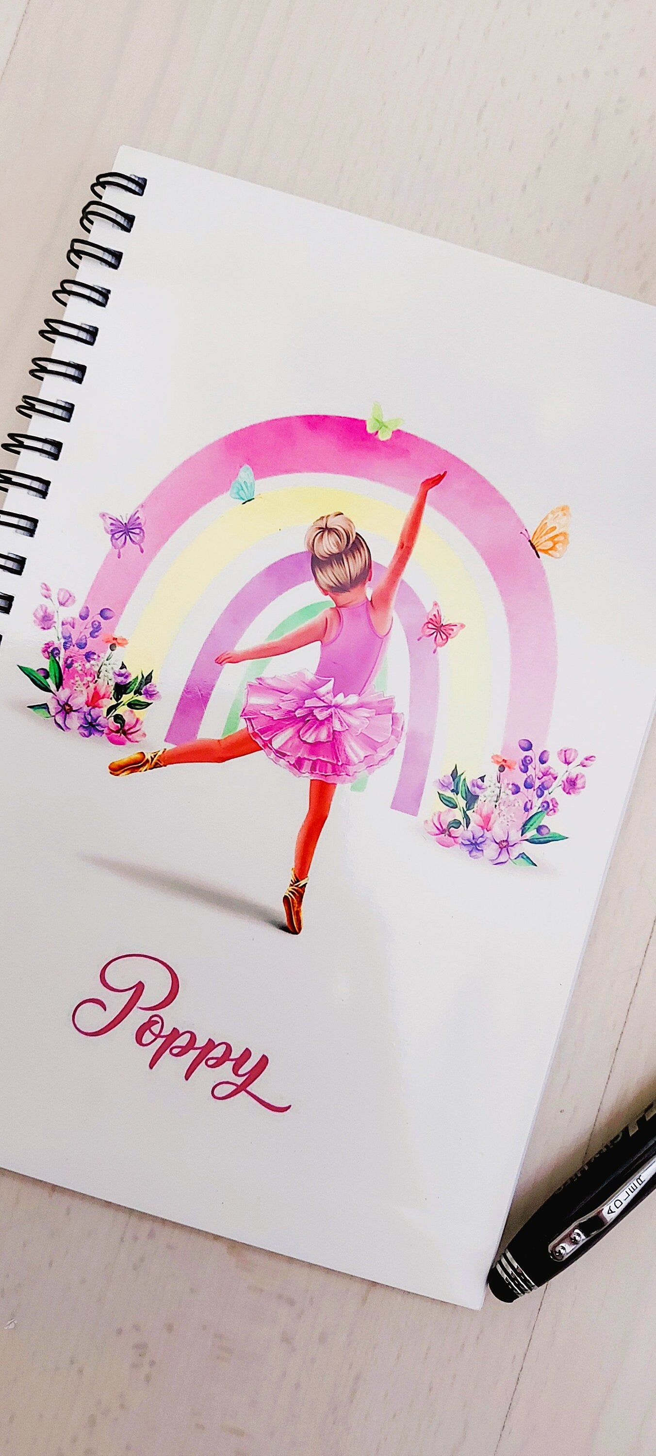 Personalised rainbow ballerina ballet note book, dance notebook, A5 notebook gift for ballerina, dance gift