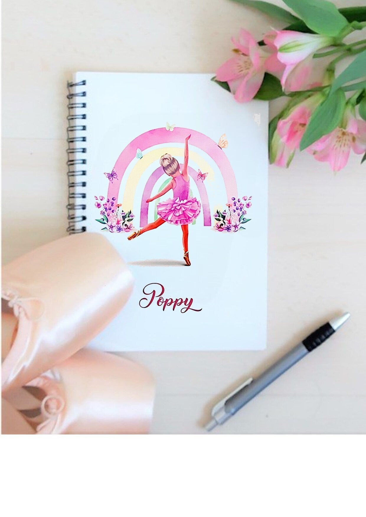 Personalised rainbow ballerina ballet note book, dance notebook, A5 notebook gift for ballerina, dance gift