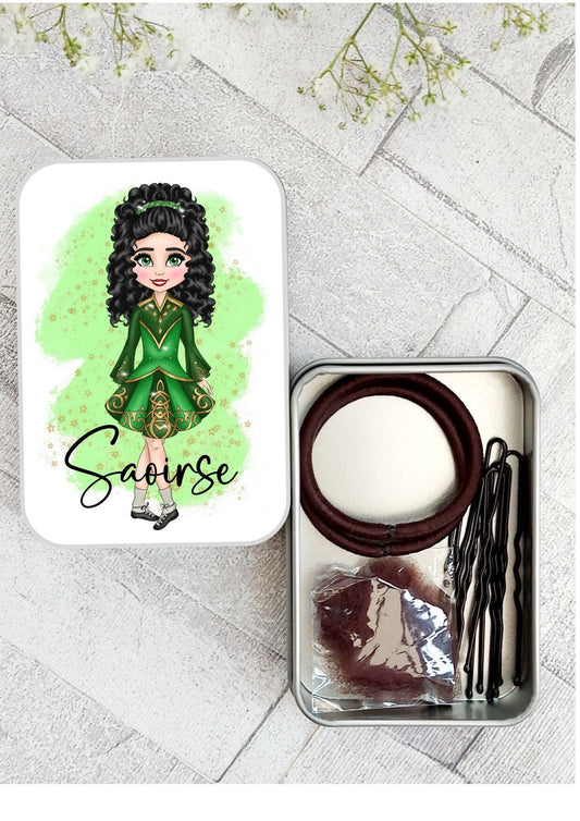 Irish dance hair accessory kit, hair bun in a tin, hair pin tin, bun kit, feis hair kit, hair accessory kit,