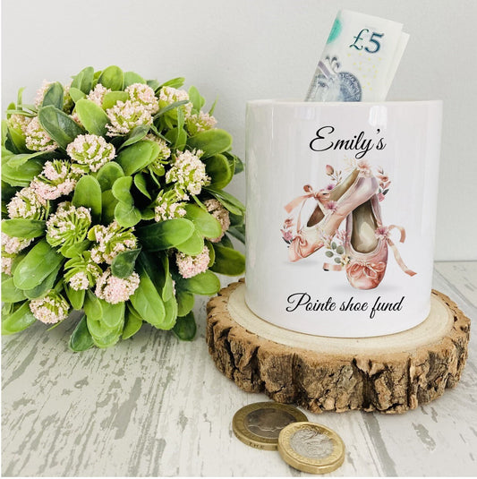 Personalised ballerina money box, personalised pointe shoe fund for a dancer, dance gift, gift for a girl, pointe shoe savings